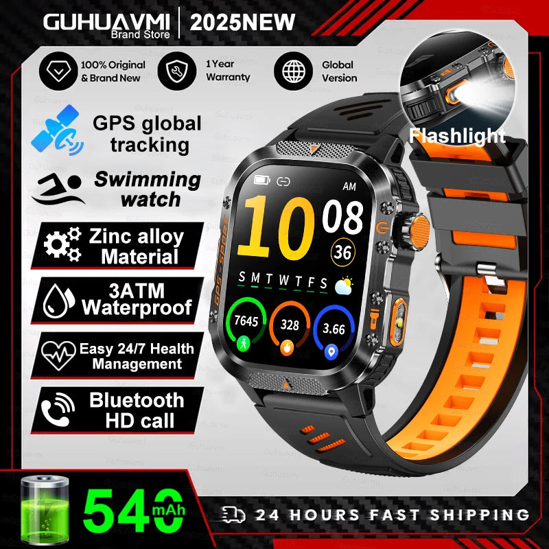 2026 New Military Grade Outdoor GPS Smart Watches Men Compass Heart Rate BT Call LED Flashlight 10ATM Waterproof Swim Smartwatch