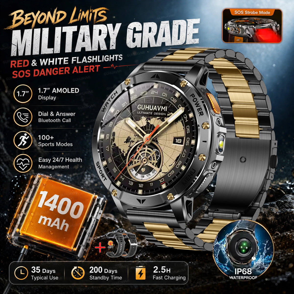2026 Military Grade Smartwatch Men 1400mAh Ultra Long Battery 24/7 Health Monitor 10ATM Waterproof Outdoor Sport Smart Watches