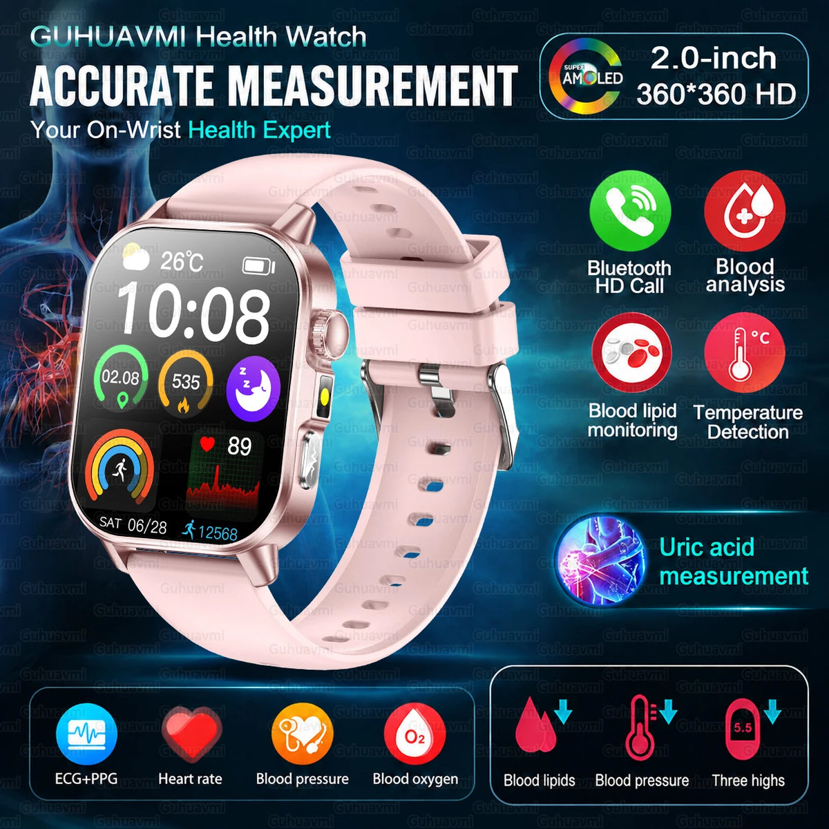 2026 Nursing Grade Smartwatch Men 2.0inch AMOLED ECG Heart Health BP Lipid Uric Acid Monitor Bluetooth Call Outdoor Sports Watch
