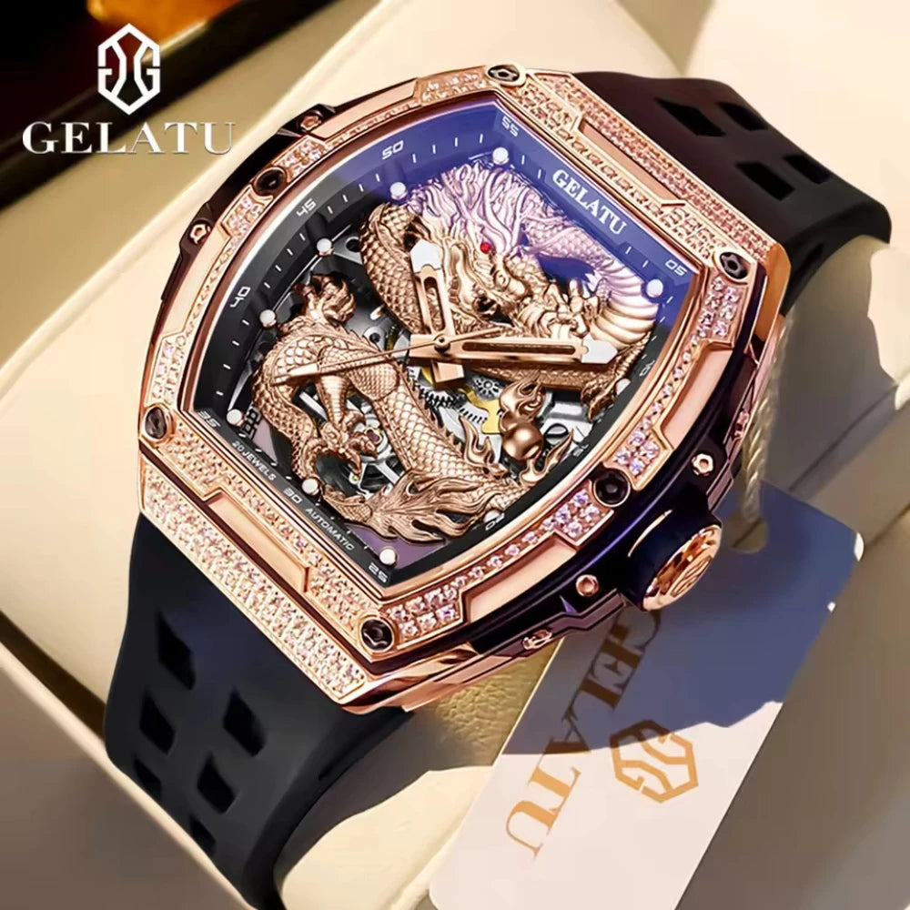 GELATU Brand Hollow Men Watch Silicone Strap Waterproof High end Full Diamond Dragon Dial Brand Automatic Mechanical Watch 6021