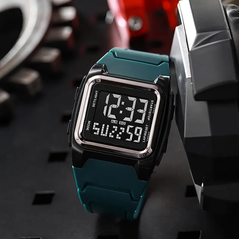 New square large screen watch, retro sports electronic watch, men's night light multifunctional outdoor watch