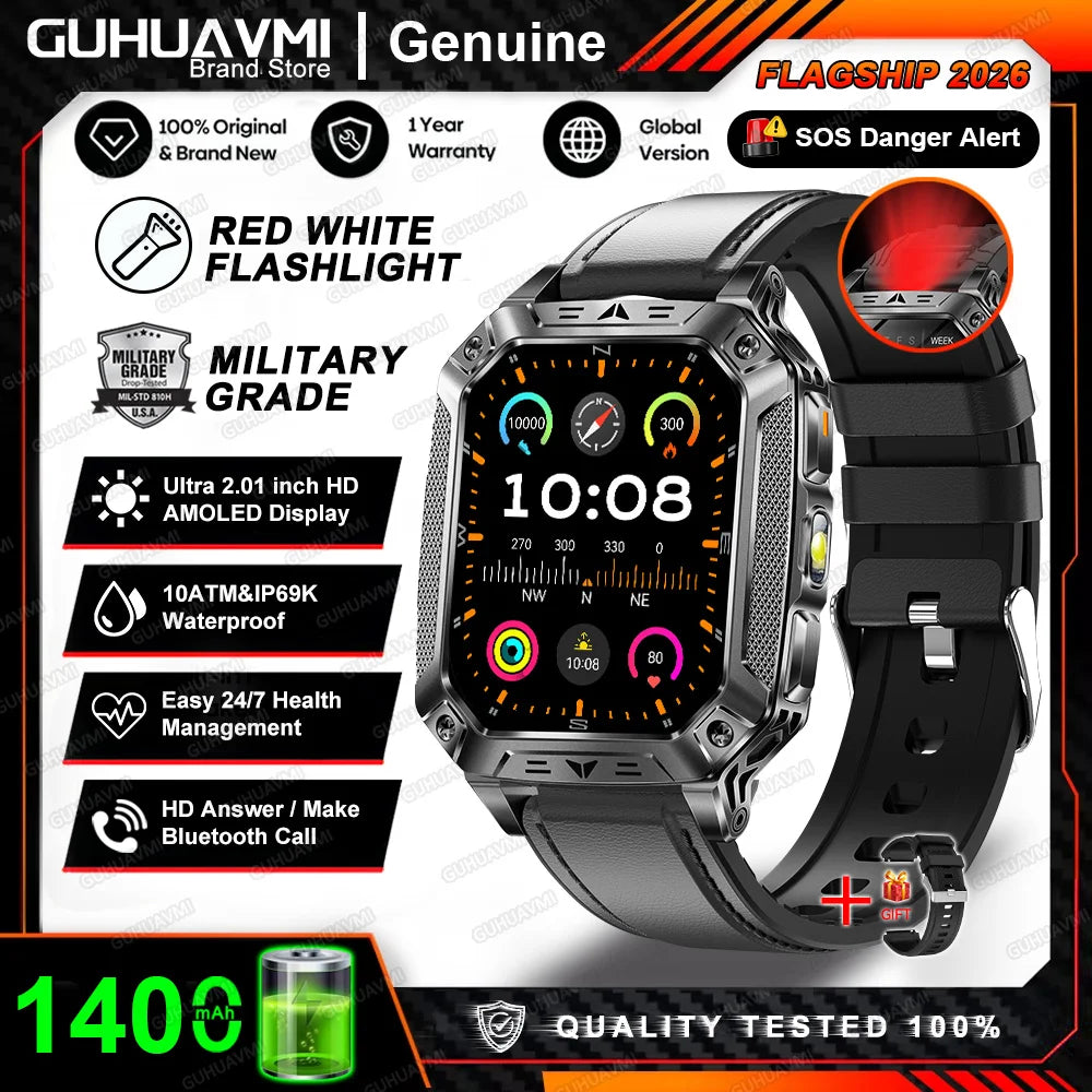 2026 New Built-in 1400mAh Super Large Battery Men Smart Watch Outdoor GPS 2.01"AMOLED Screen 10ATM Waterproof BT Call Smartwatch