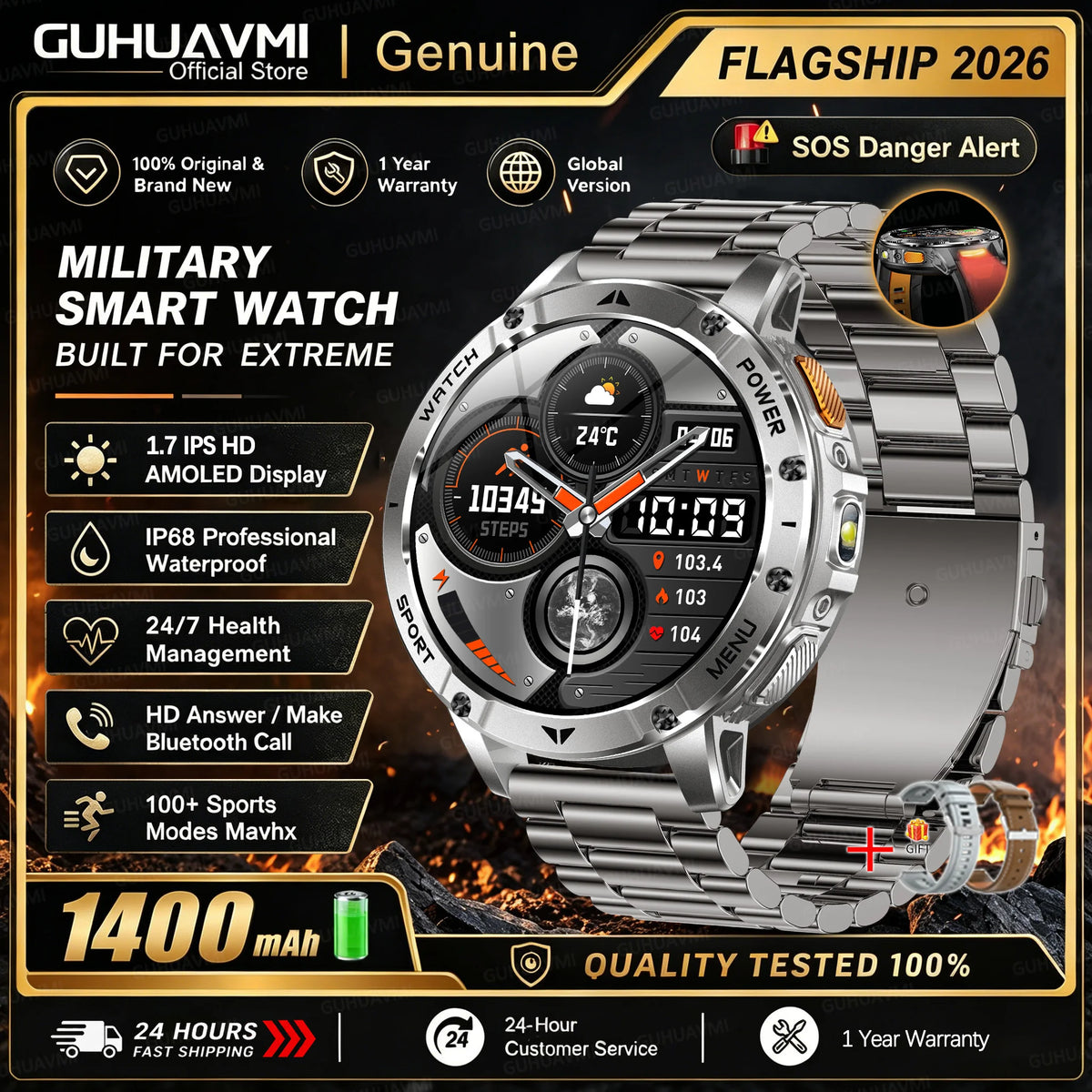 Men Rugged Steel Sport Smart Watch 1400mAh Battery 1.7" HD Bluetooth Call 10ATM Waterproof Heart Rate Fitness Trackr Smartwatch