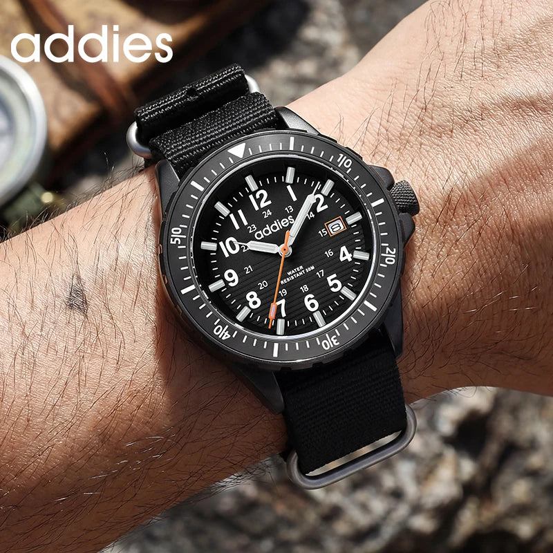 ADDIES 2026 New Men's Sports Quartz Watch Nylon Strap Swimming Waterproof Watch Tubular Luminous Outdoor Fashion Quartz Watch