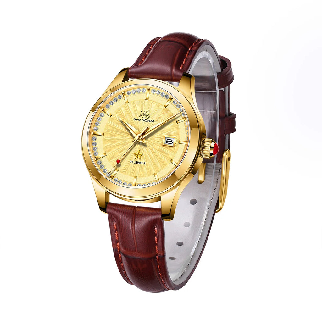 Shanghai Watch 30mm Women's Automatic Watches Calendar 50M Waterproof Mechanical Watch 18K Gold Star Sapphire Zirconia Dial 8933