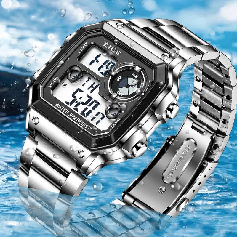 LIGE Eletronic Man Watch Fashion Casual Sport Waterproof Alarm Chronograph Stainless Steel Dual Digital Display Watches for Men