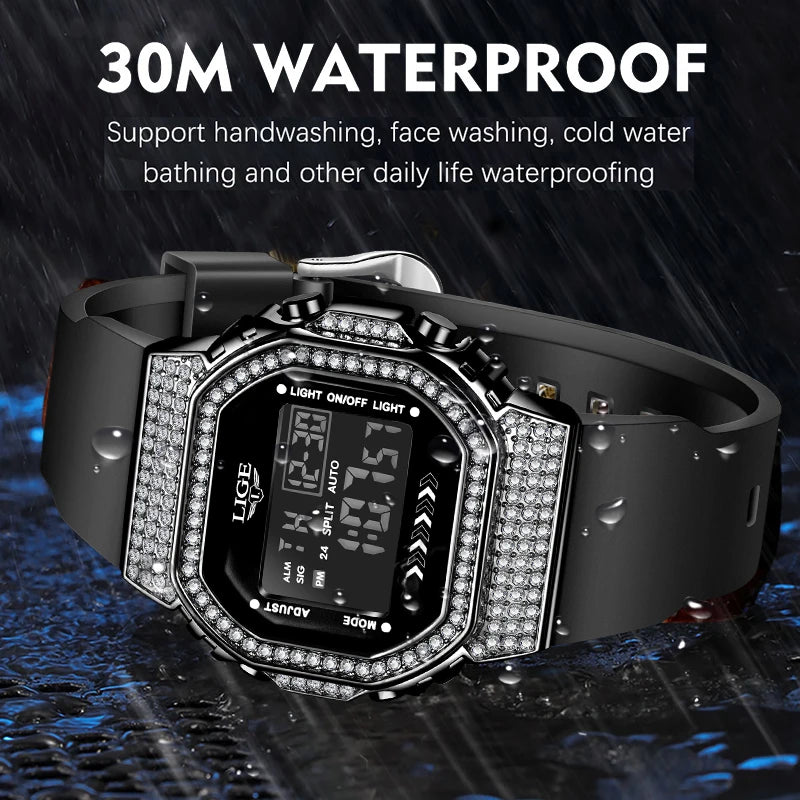 LIGE Fashion Diamond Mens Watch Casual Sports Digital Watches Men Waterproof Chronograph Date LED Wristwatch Luxury Gifts Reloj