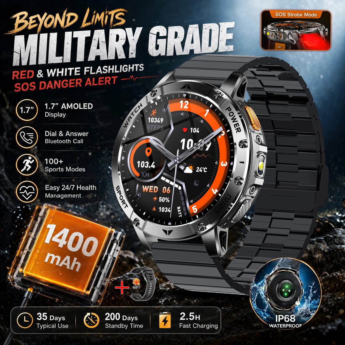 2026 Military Grade Smartwatch Men 1400mAh Ultra Long Battery 24/7 Health Monitor 10ATM Waterproof Outdoor Sport Smart Watches