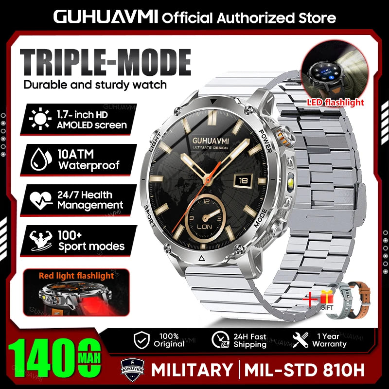 2026 New Military 1400mAh Battery Smart Watch Men Outdoor Flashlight 10ATM Waterproof Heart Rate Bluetooth Call Sports Bracelets