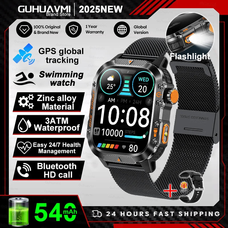 2026 New Military Grade Outdoor GPS Smart Watches Men Compass Heart Rate BT Call LED Flashlight 10ATM Waterproof Swim Smartwatch