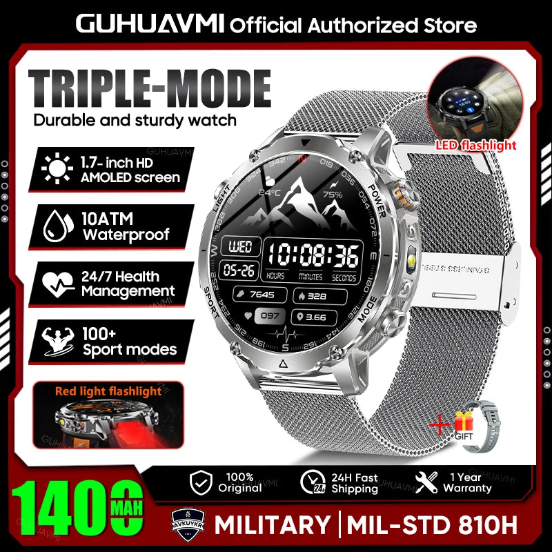 2026 New Military 1400mAh Battery Smart Watch Men Outdoor Flashlight 10ATM Waterproof Heart Rate Bluetooth Call Sports Bracelets