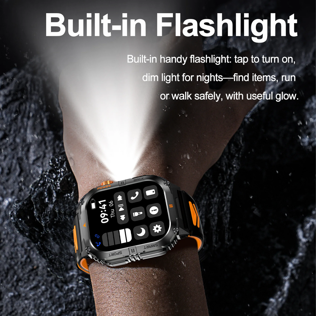 2026 1000mAh military outdoor smartwatch 2.01 inches LED flashlight IP68 waterproof Heart rate sleep Bluetooth call sport watch