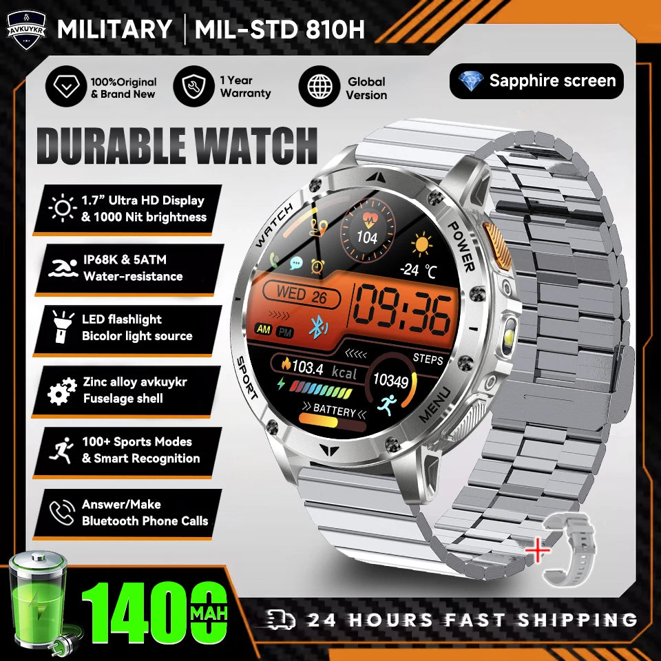 New Outdoor Sports Fitness 1.7 Inch Smart Watch 1400mAh Battery Waterproof SOS Dual-Color Flashlight BT Call Smart watch For Men