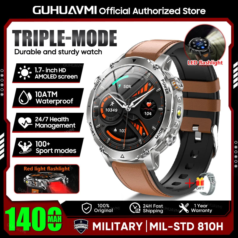 2026 New Military 1400mAh Battery Smart Watch Men Outdoor Flashlight 10ATM Waterproof Heart Rate Bluetooth Call Sports Bracelets