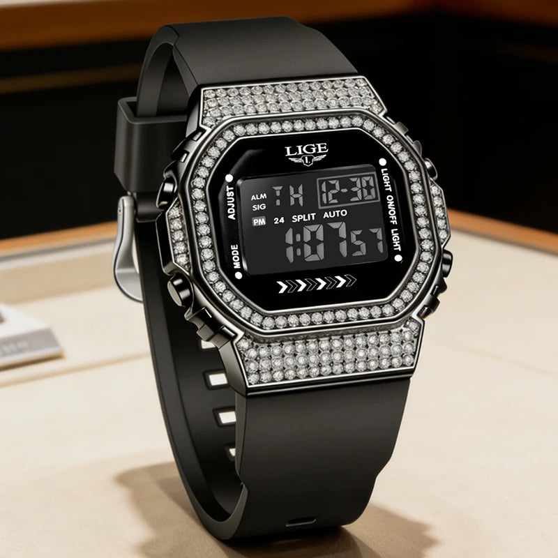 LIGE Fashion Diamond Mens Watch Casual Sports Digital Watches Men Waterproof Chronograph Date LED Wristwatch Luxury Gifts Reloj