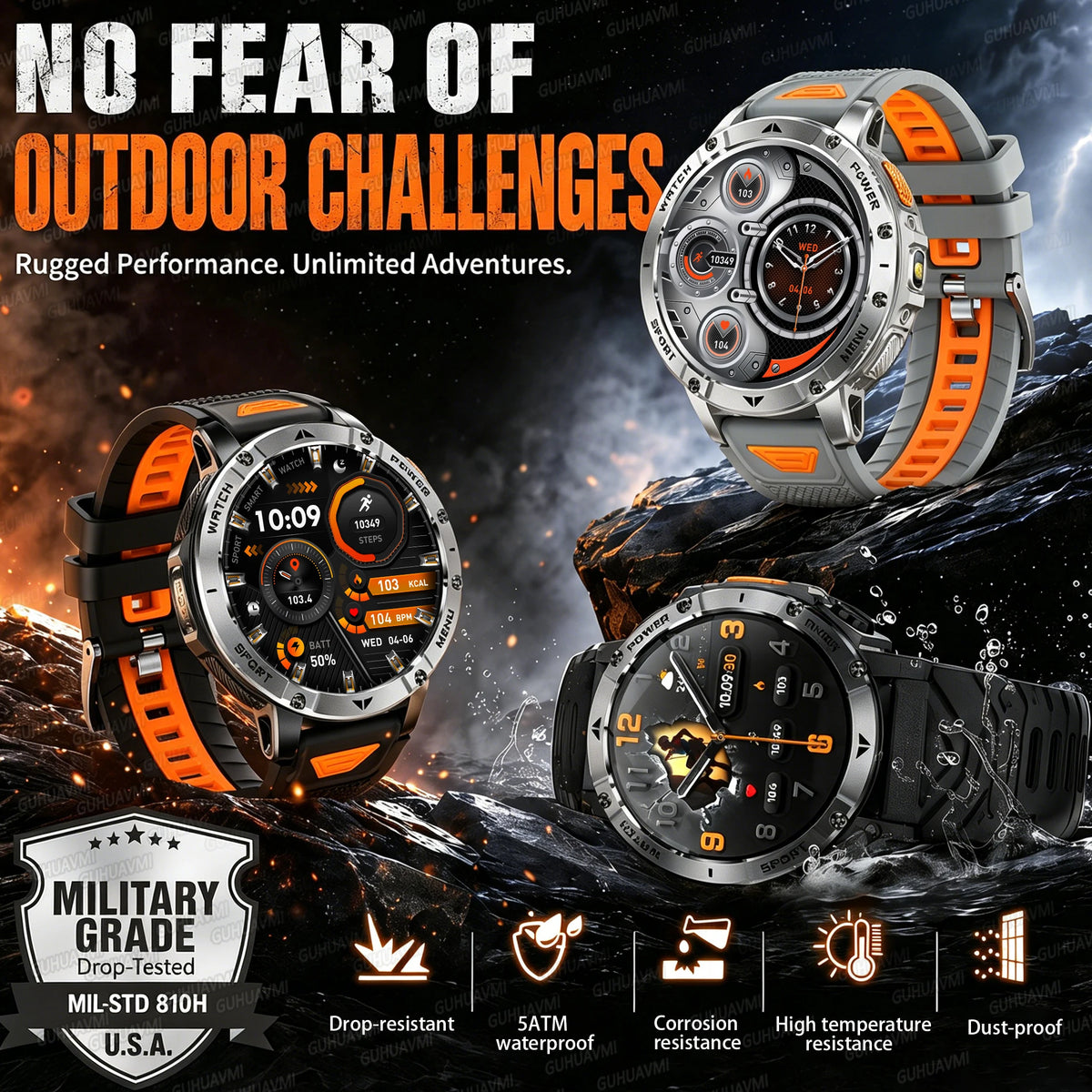 New Outdoor Sports Fitness 1.7 Inch Smart Watch 1400mAh Battery Waterproof SOS Dual-Color Flashlight BT Call Smart watch For Men