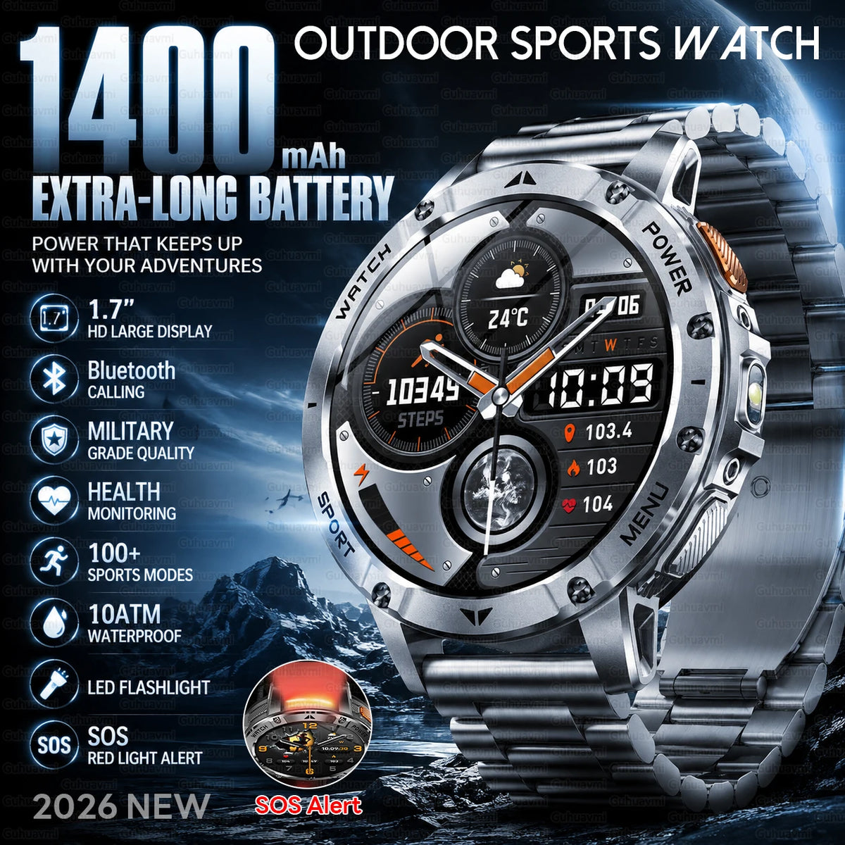 Men Rugged Steel Sport Smart Watch 1400mAh Battery 1.7" HD Bluetooth Call 10ATM Waterproof Heart Rate Fitness Trackr Smartwatch