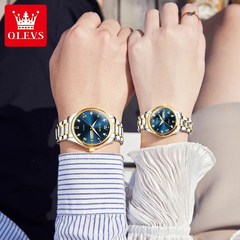 OLEVS  Couple Watch Luxury Gold Diamond Dual Calendar Waterproof Watch Fashion Brand Quartz Appointment Clock Couple Watch 5563