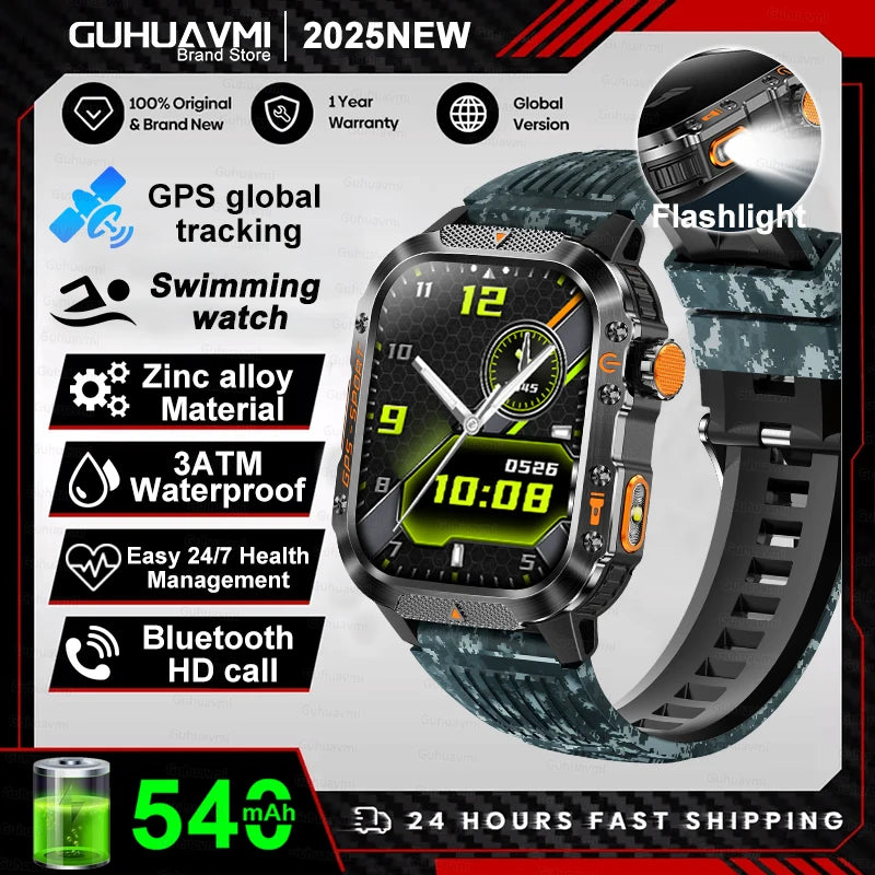 2026 New Military Grade Outdoor GPS Smart Watches Men Compass Heart Rate BT Call LED Flashlight 10ATM Waterproof Swim Smartwatch