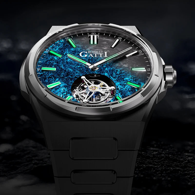 BONEST GATTI Automatic Movement Tourbillon Watch Mens 316L Stainless Steel Skeleton Luminous Dial Mechanical Watches for Men