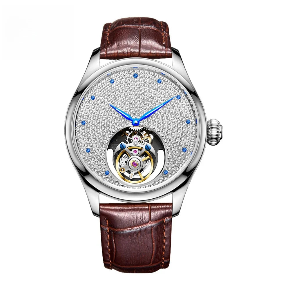 AESOP luxury starry sky men's tourbillon mechanical watch, manual movement hollow full diamond steel watch, 3Bar leather strap A