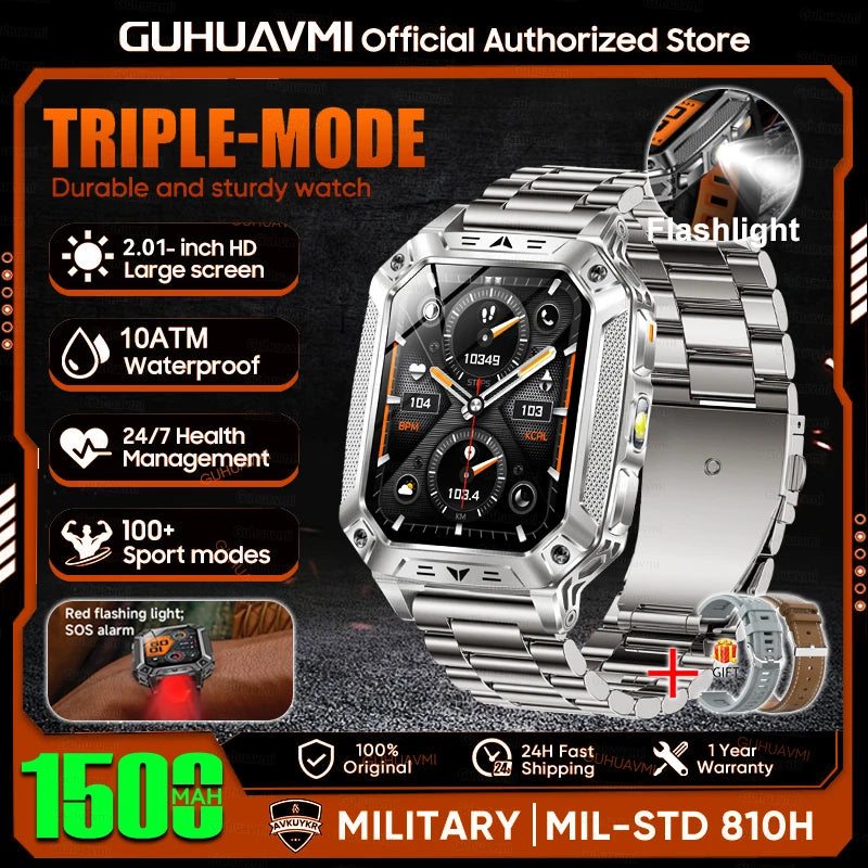 1500mAh Military Grade Smart Watch 100 Days Battery Life 10ATM Waterproof Bluetooth Call SOS Alert LED Flashlight Sports Watches