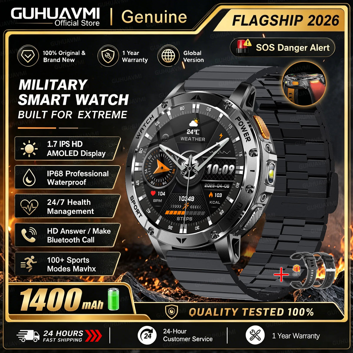 Men Rugged Steel Sport Smart Watch 1400mAh Battery 1.7" HD Bluetooth Call 10ATM Waterproof Heart Rate Fitness Trackr Smartwatch