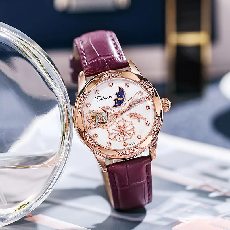 Watches Women Fashion Watch 2023 Automatic Mechanical Rhinestone Skeleton Dial Premium Leather Band Elegant Lady Watch New