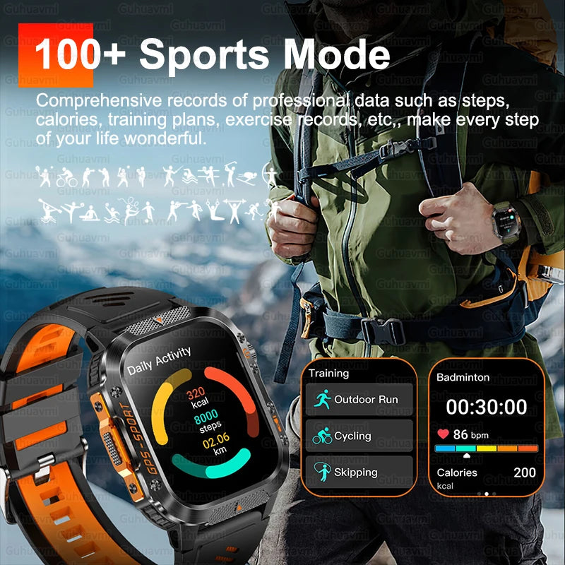 2026 New Military Grade Outdoor GPS Smart Watches Men Compass Heart Rate BT Call LED Flashlight 10ATM Waterproof Swim Smartwatch
