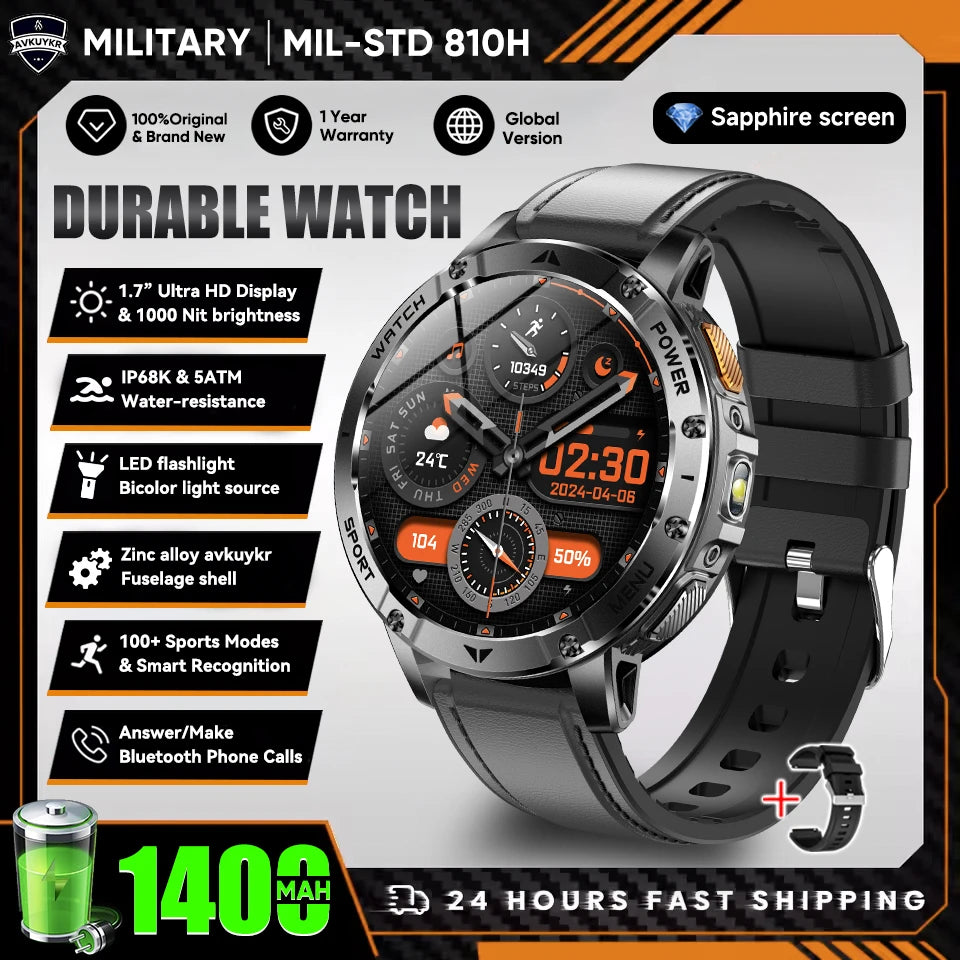 New Outdoor Sports Fitness 1.7 Inch Smart Watch 1400mAh Battery Waterproof SOS Dual-Color Flashlight BT Call Smart watch For Men