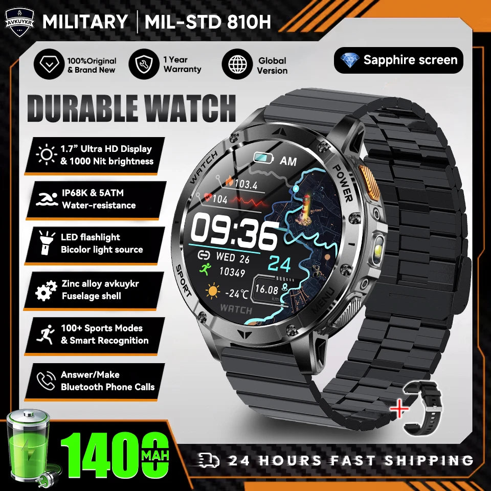 New Outdoor Sports Fitness 1.7 Inch Smart Watch 1400mAh Battery Waterproof SOS Dual-Color Flashlight BT Call Smart watch For Men