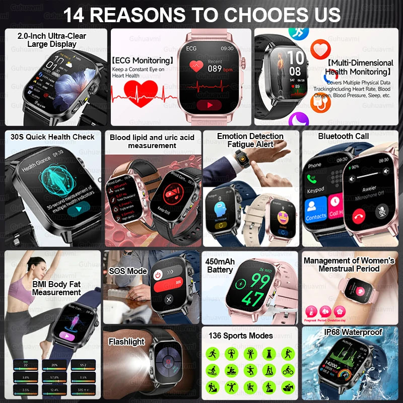 2026 Nursing Grade Smartwatch Men 2.0inch AMOLED ECG Heart Health BP Lipid Uric Acid Monitor Bluetooth Call Outdoor Sports Watch