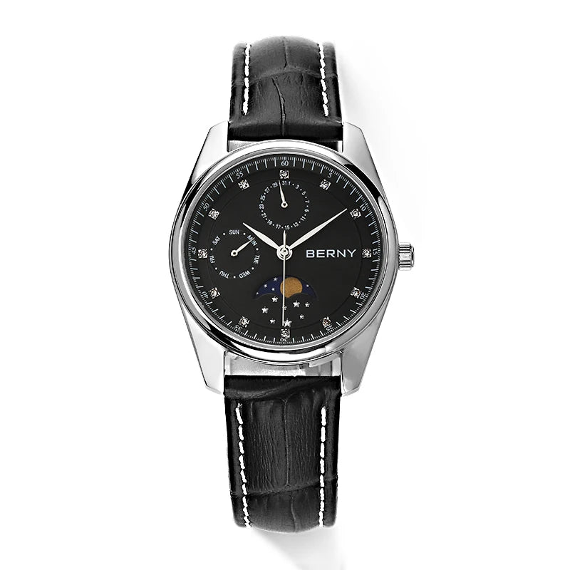 BERNY Couple Quartz Watch Moon Phase Day Top Calendar Men Wristwatch Leather Men/Women Dress Watch MIYOTA 6P20 Gift Watches