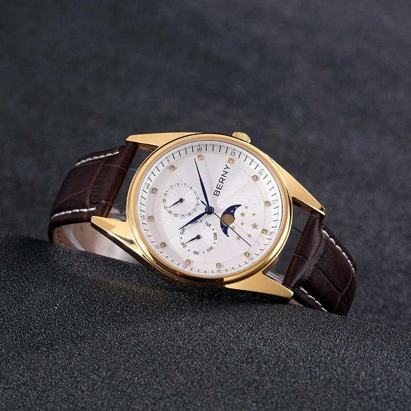 BERNY Couple Quartz Watch Moon Phase Day Top Calendar Men Wristwatch Leather Men/Women Dress Watch MIYOTA 6P20 Gift Watches