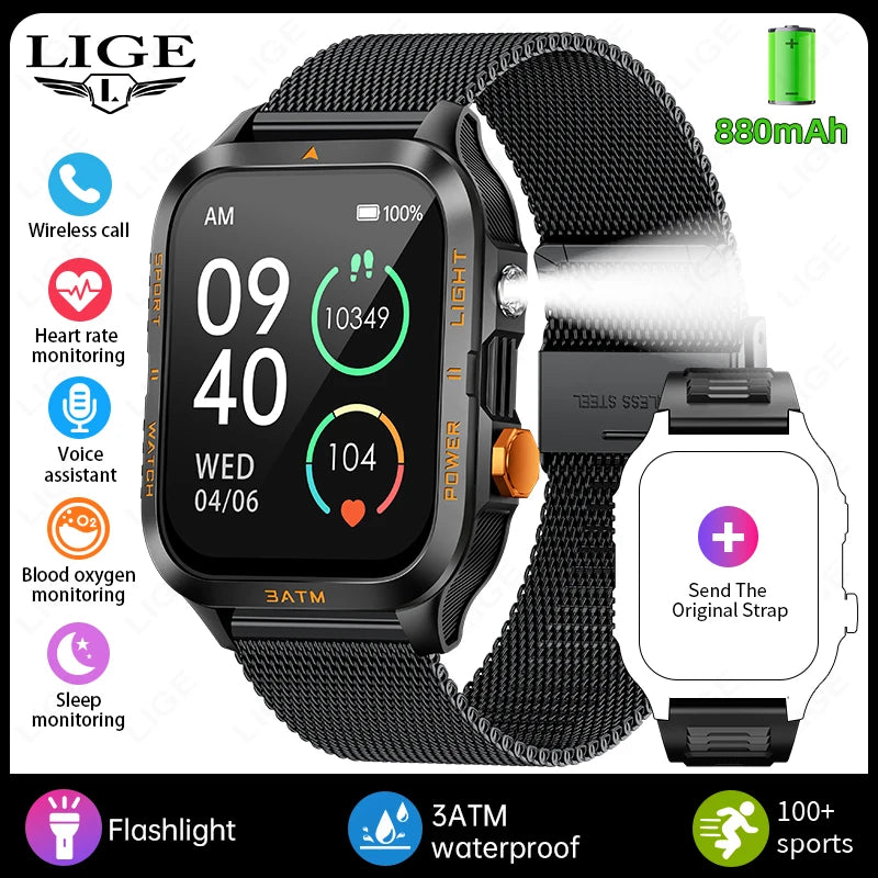 LIGE 2026 New 1.96"HD Screen Smartwatch Men Sports 880mAh Battery Bluetooth Call LED Flashlight 3ATM Waterproof Men Smart Watch