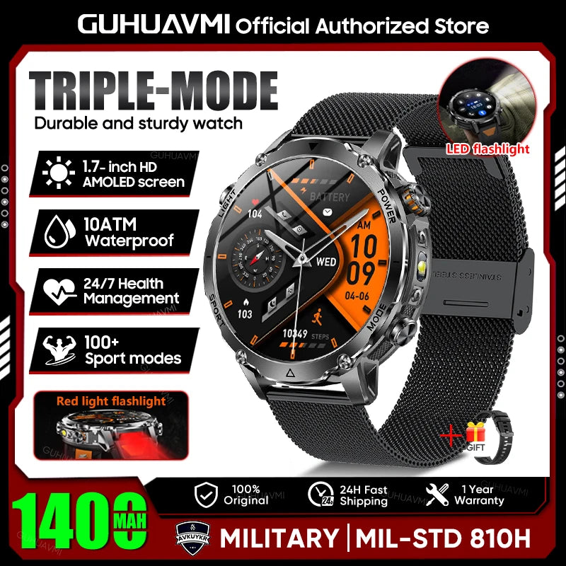 2026 New Military 1400mAh Battery Smart Watch Men Outdoor Flashlight 10ATM Waterproof Heart Rate Bluetooth Call Sports Bracelets