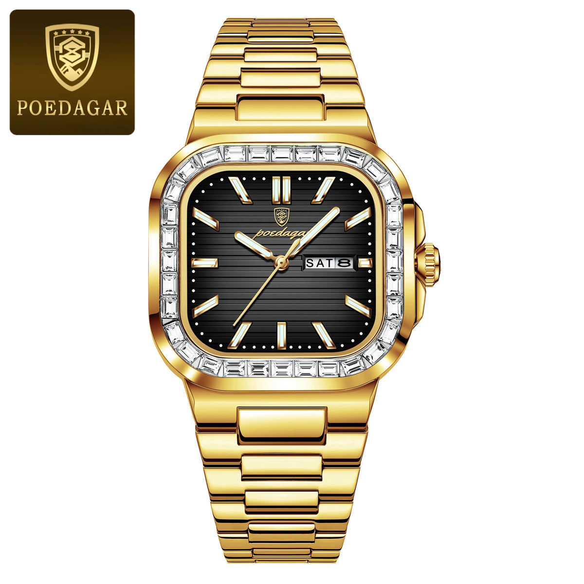 POEDAGAR Square Fashion Men's Watch Date Week Waterproof Luminous Quartz Man Watch Stainless Steel Luxury Sports Watches For Men