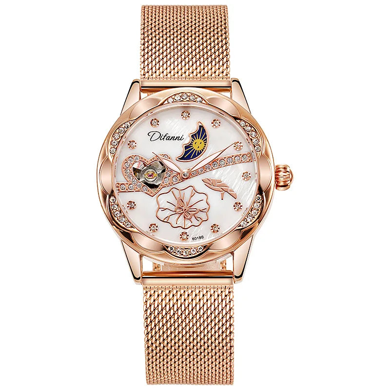 Watches Women Fashion Watch 2023 Automatic Mechanical Rhinestone Skeleton Dial Premium Leather Band Elegant Lady Watch New