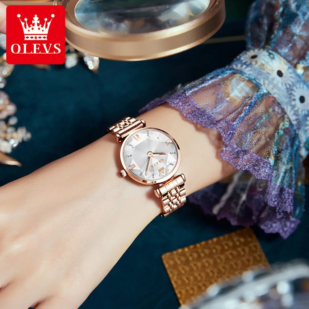 OLEVS Women's Watches Luxury Fashion Fine Steel Rose Gold Strap Rhombus Mirror Original Quartz Wristwatch Waterproof Trend Dress