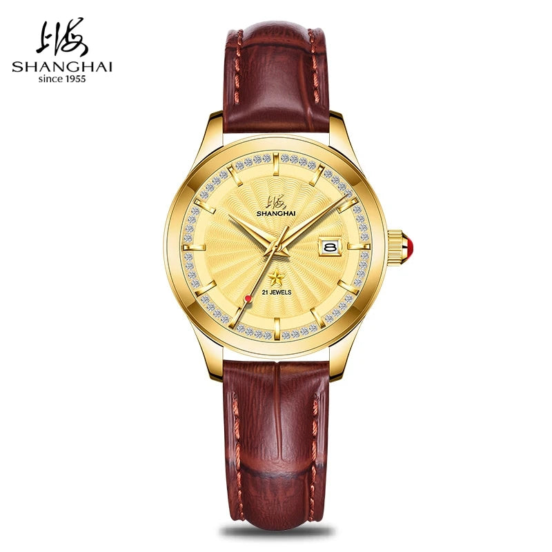 Shanghai Watch 30mm Women's Automatic Watches Calendar 50M Waterproof Mechanical Watch 18K Gold Star Sapphire Zirconia Dial 8933
