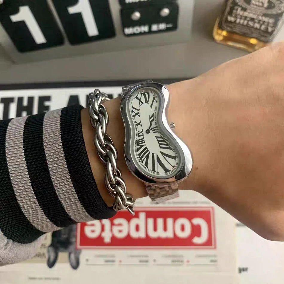 Original Y2K Men's Watch Irregular Creative Crash Melting Twist Watch For Men Genuine Leather Advanced Creative Design 여성용 손목시계