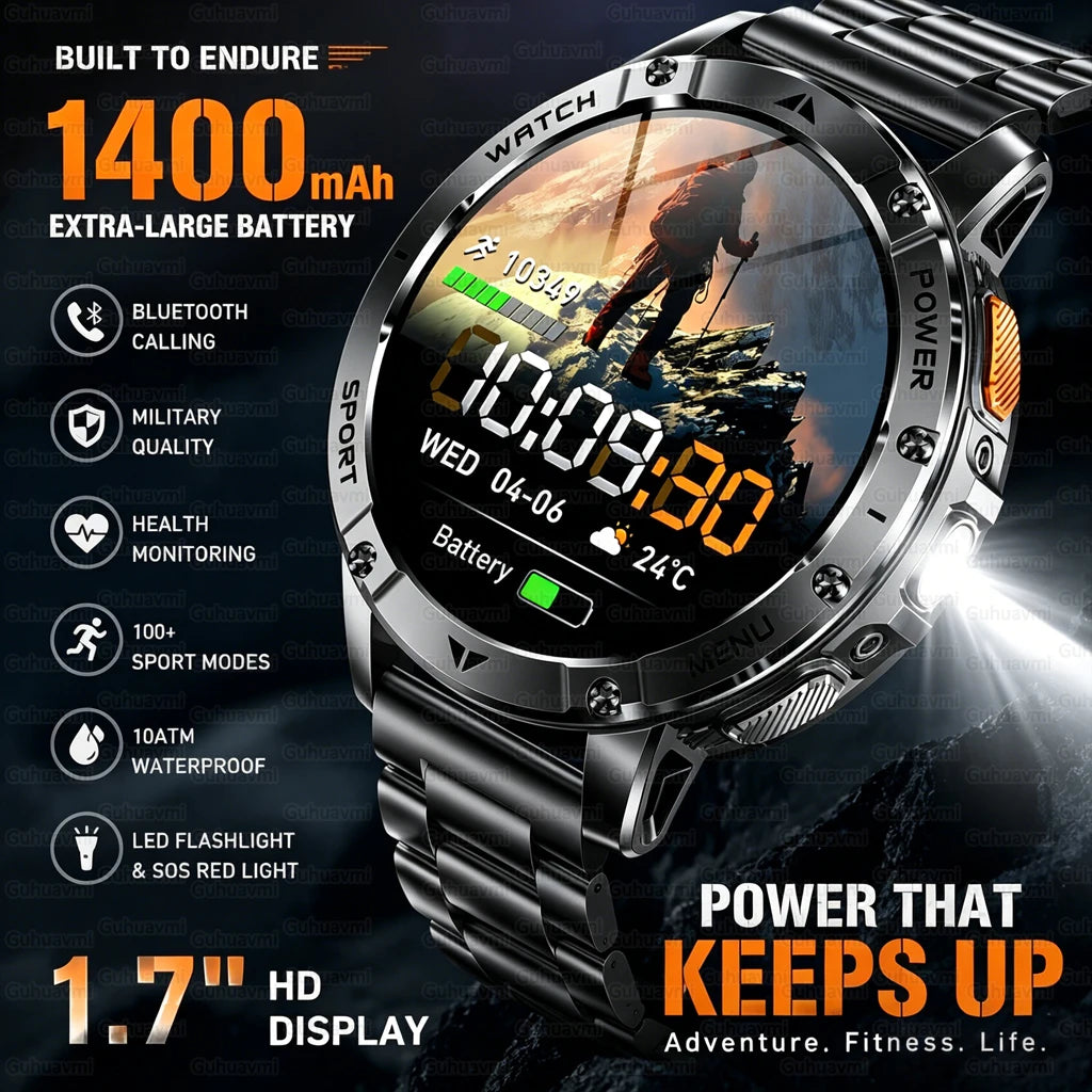 1400mAh Military Smart Watch 10ATM Waterproof 1.7-inch Outdoor Sport Flashlight Heart Rate Monitor Bluetooth Call SmartWatch Men