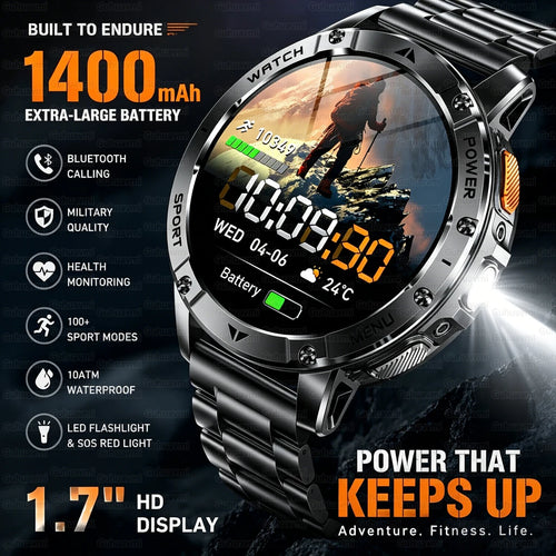1400mAh Military Smart Watch 10ATM Waterproof 1.7-inch Outdoor Sport Flashlight Heart Rate Monitor Bluetooth Call SmartWatch Men