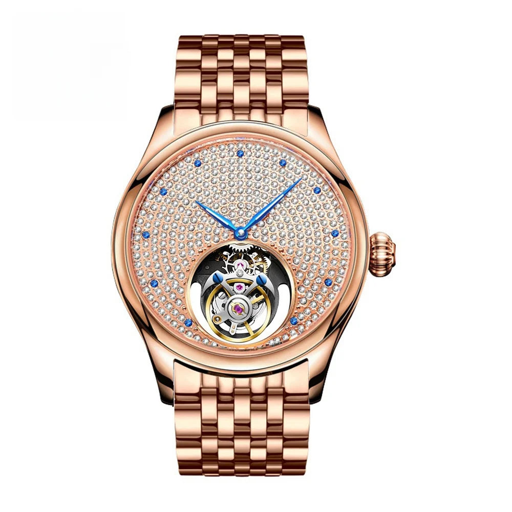 AESOP luxury starry sky men's tourbillon mechanical watch, manual movement hollow full diamond steel watch, 3Bar leather strap A