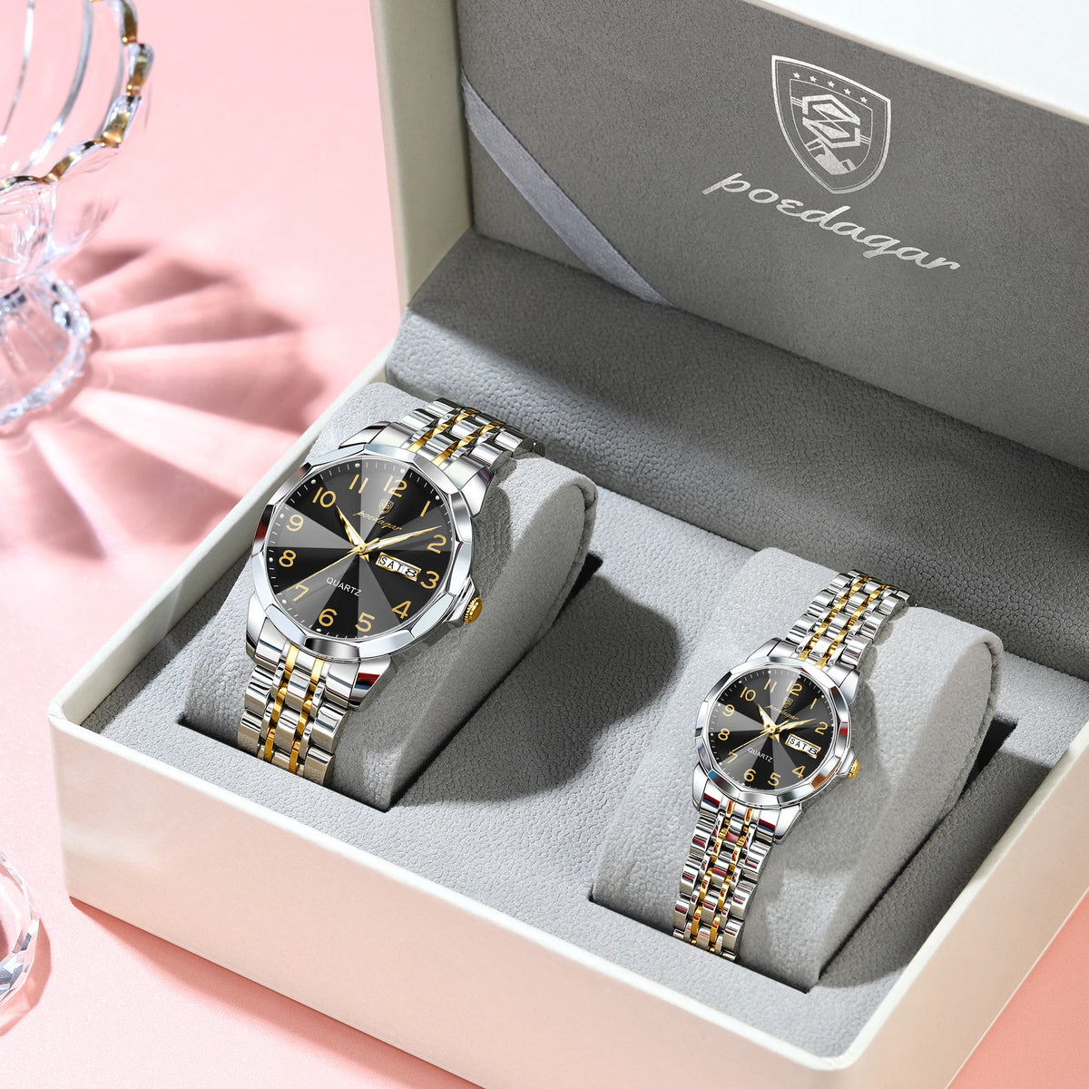 POEDAGAR Brand Watches For Couple Waterproof Date Week Couple's Watches Quartz Stainless Steel Fashion Lovers Watch Set+Box Gift