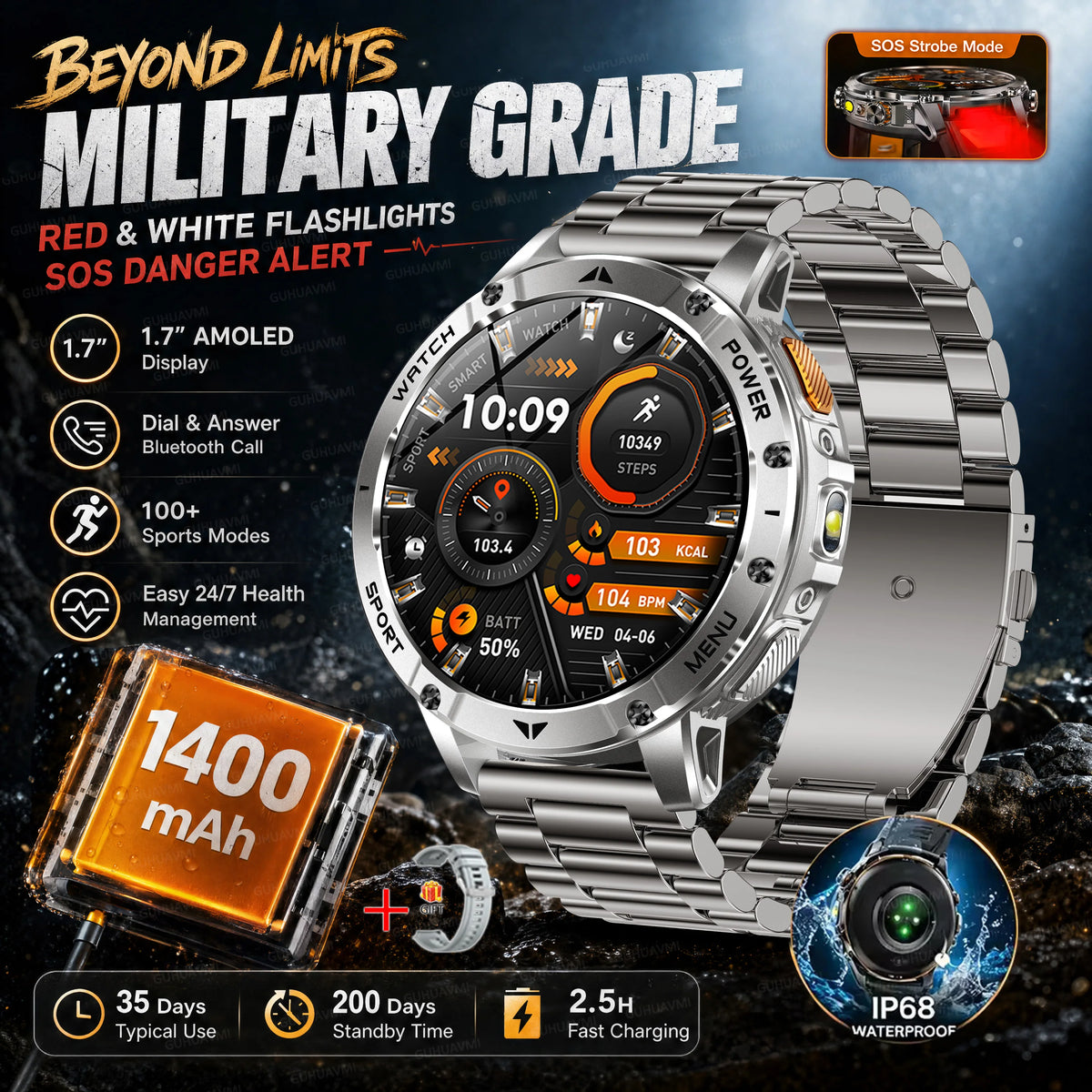 2026 Military Grade Smartwatch Men 1400mAh Ultra Long Battery 24/7 Health Monitor 10ATM Waterproof Outdoor Sport Smart Watches
