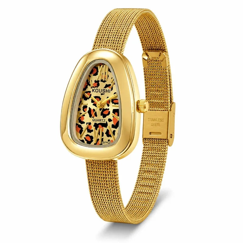 KOUSHI Vintage Leopard Print Dial Women's Quartz Watch Luxury Mesh Band Ladies Wristwatch Fashion Jewelry Gift for Daily Party