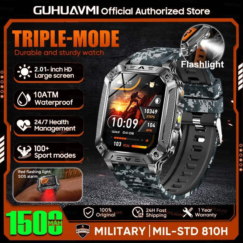 1500mAh Military Grade Smart Watch 100 Days Battery Life 10ATM Waterproof Bluetooth Call SOS Alert LED Flashlight Sports Watches