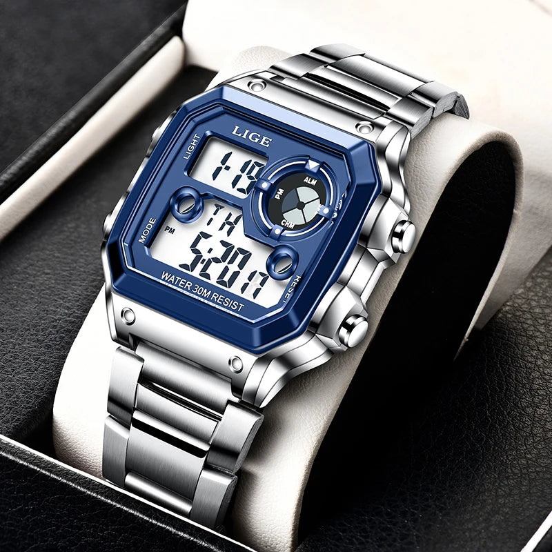 LIGE Eletronic Man Watch Fashion Casual Sport Waterproof Alarm Chronograph Stainless Steel Dual Digital Display Watches for Men