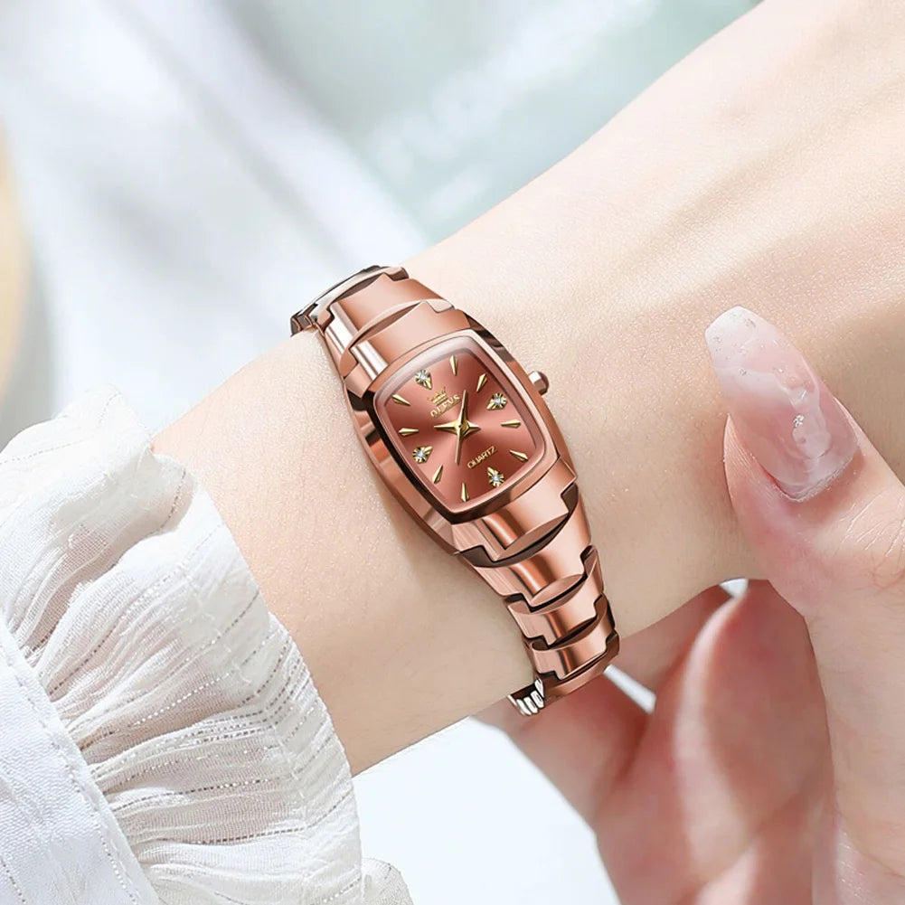 Luxury Mini Tonneau Ladies Watch OLEVS Brand Rose Gold Tungsten Steel Band Rhinestone Crystal Gradient Dial Small Wrist Watch